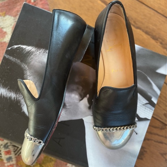 RARE Christian Louboutin Black and Silver Metallic Women's Loafers - Picture 3 of 5